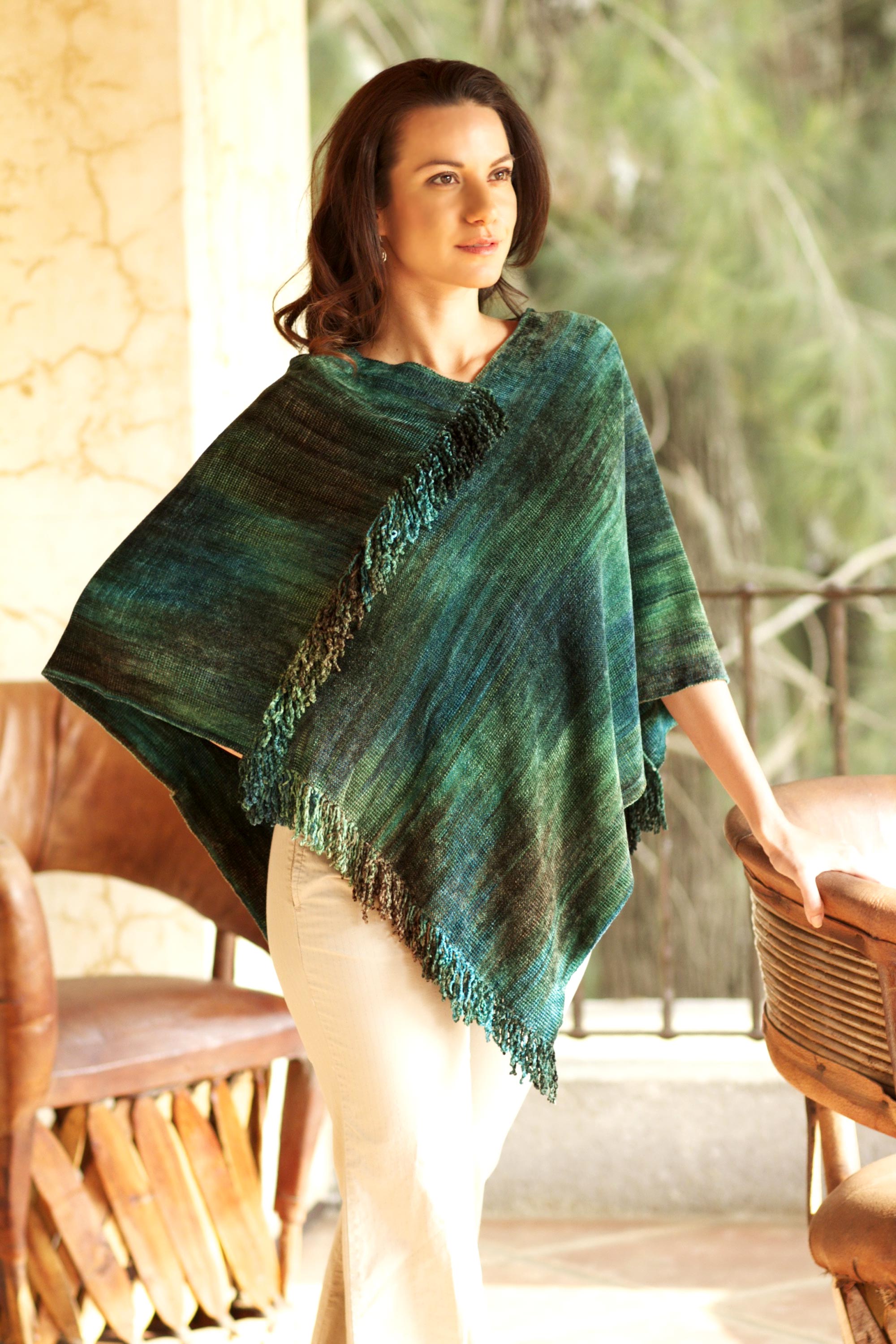 Handcrafted Cotton Blend Poncho - Emerald Valley | NOVICA