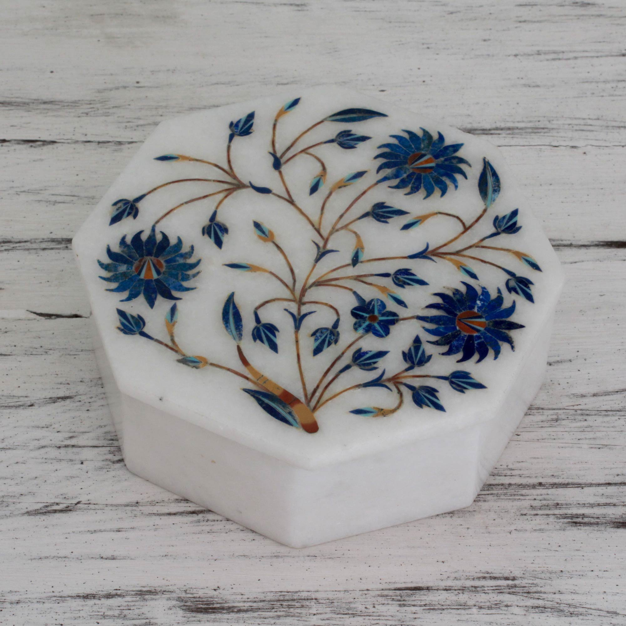 lapis lazuli dust inlaid floral marble jewelry box NOVICA Fair Trade Trinket box Keepsake box