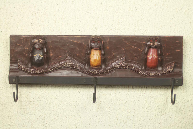 Monkey Theme Coat Rack Artisan Crafted Wood and Aluminum, 'Three Wise Monkeys II' NOVICA Fair Trade