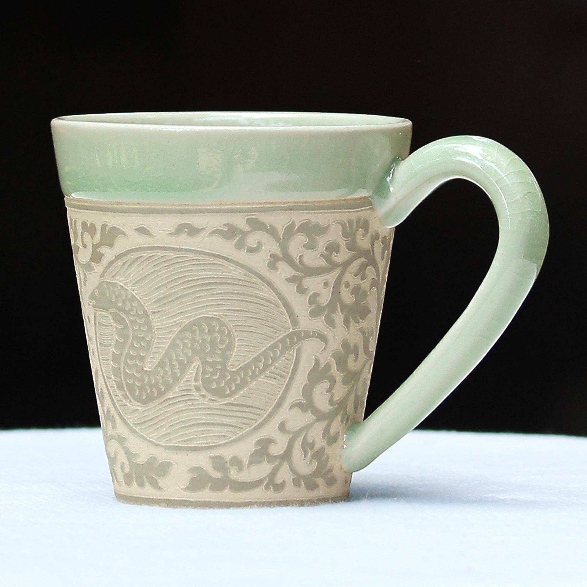  Thai Zodiac Snake Hand Crafted Green Ceramic Mug with Snake from Thailand Saint Patrick's Day