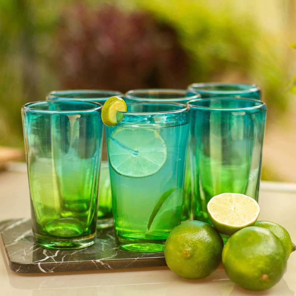 6 Artisan Crafted Blue Green Blown Glass Highball Glasses, "Aurora Tapatia" New Year's Resolutions