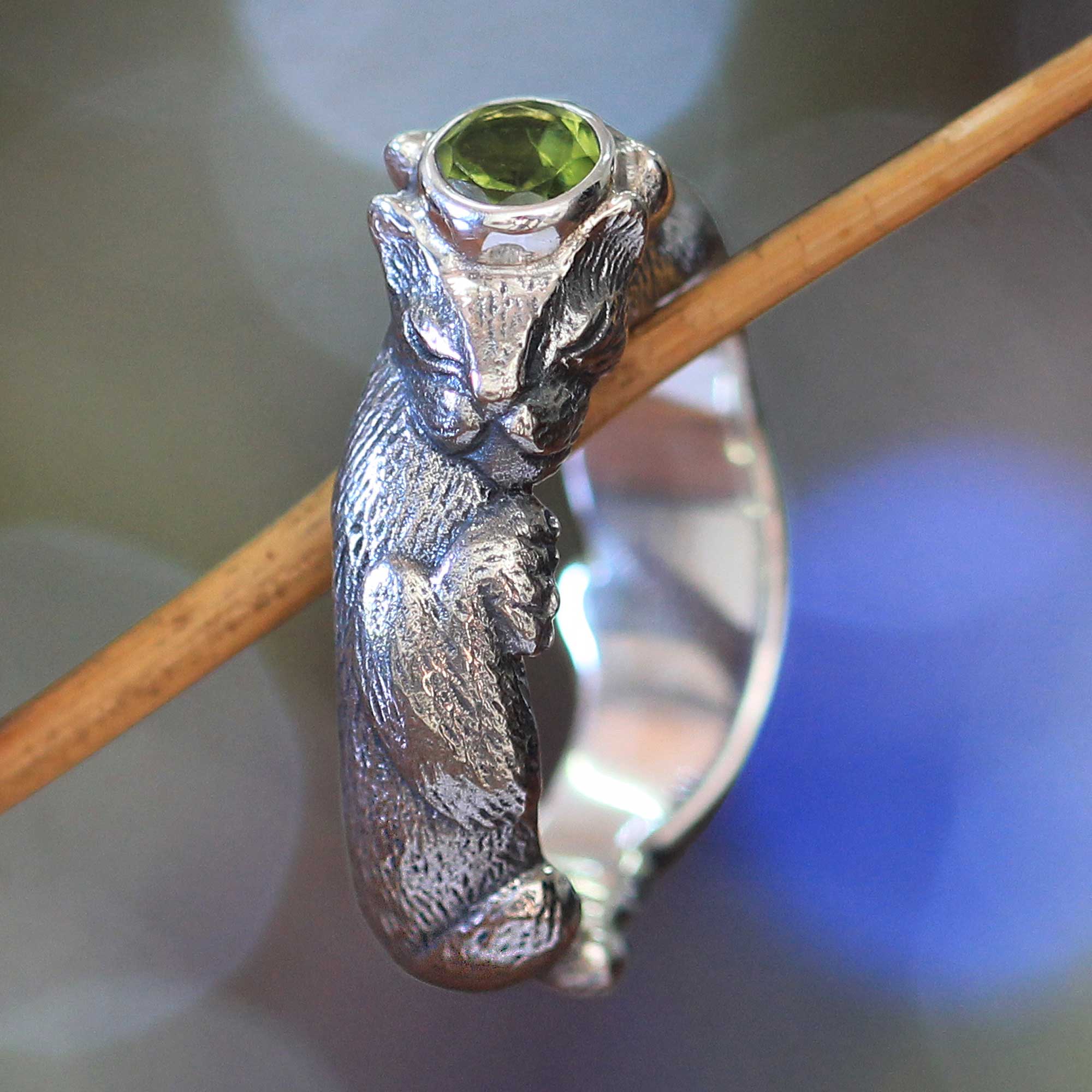 Men's Unique Sterling Silver and Peridot Ring - Dreams of a Cat | NOVICA